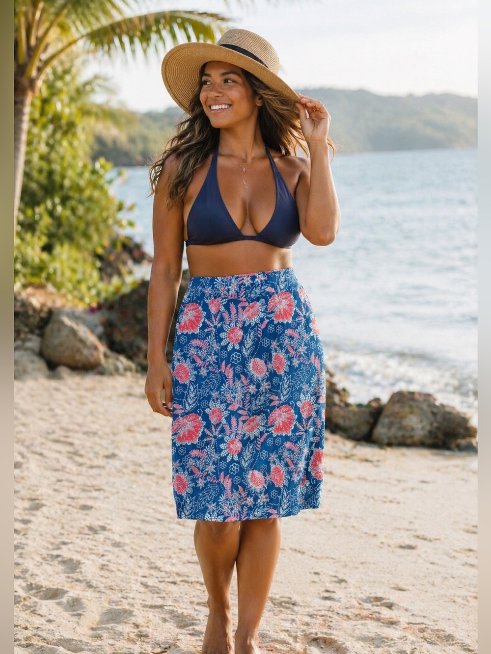 RIPSKIRT Women's LaBoheme Blue Floral Wrap Resort Wear Midi Skirt L NEW